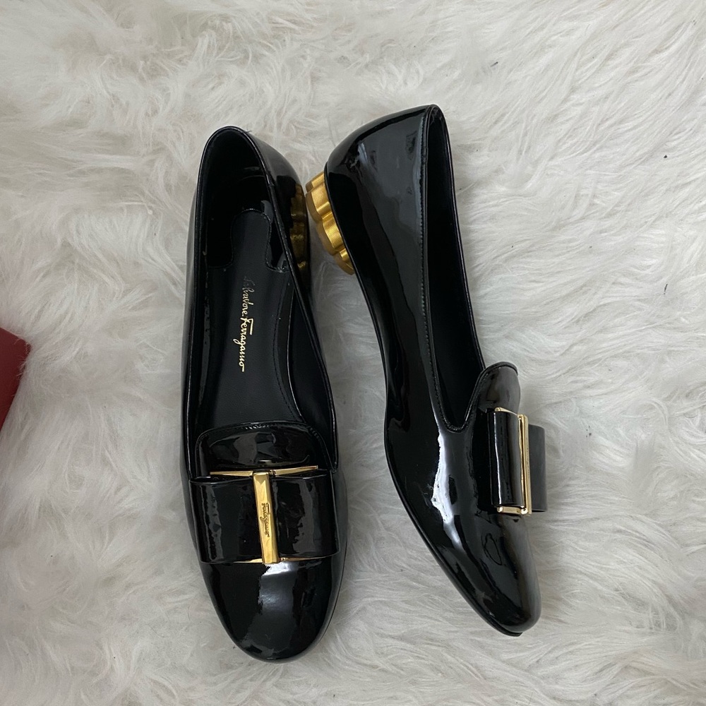 Salvatore Ferragamo Black Patent Leather Vara Bow Loafers with Gold Buckle